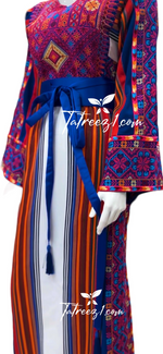 Load image into Gallery viewer, Majdalawi Blue Multicolor Embroidered Palestinian Fellahi Thobe
