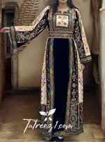 Load image into Gallery viewer, Black Silk Velvet Malacca Stoned Embroidered Palestinian Fellahi Thobe
