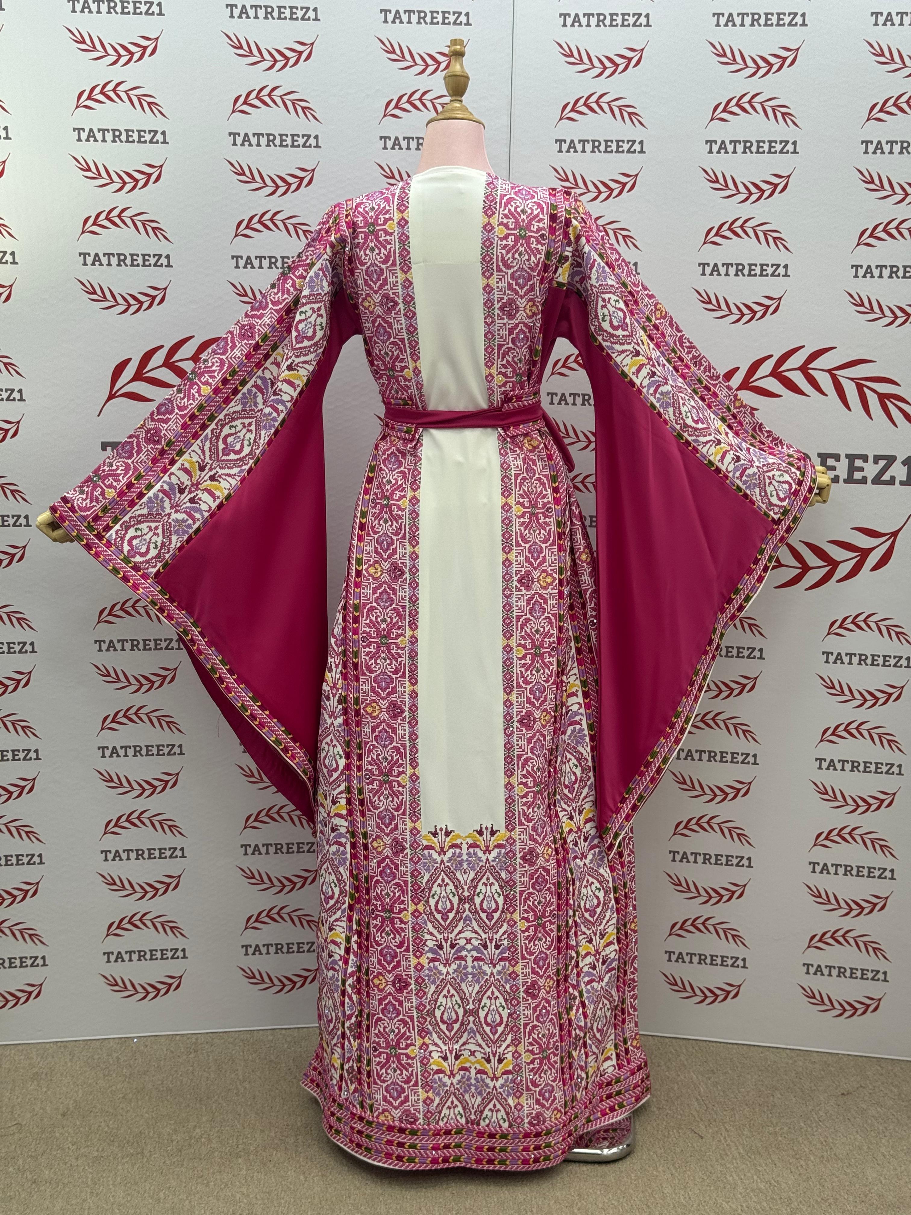 Pink Embroidered Palestinian Thobe with Wide Sleeves and Belt
