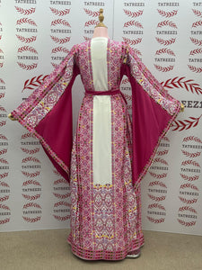 Pink Embroidered Palestinian Thobe with Wide Sleeves and Belt
