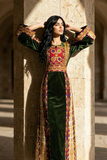 Qasab Green Malacca Silk German Velvet Thoub with Embroidery