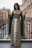 Green Floral Embroidered Palestinian Beige Thobe with Wide Sleeve