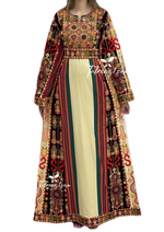 Load image into Gallery viewer, Malacca  Majdalway Beige shade  Embroidered Palestinian Fellahi Thobe
