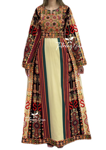 Malacca  Majdalway Beige shade  Embroidered Palestinian Fellahi Thobe