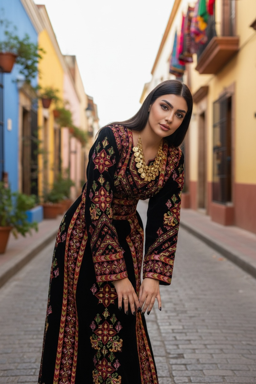 Black Velvet Embroidery Palestinian Fellahi Thobe