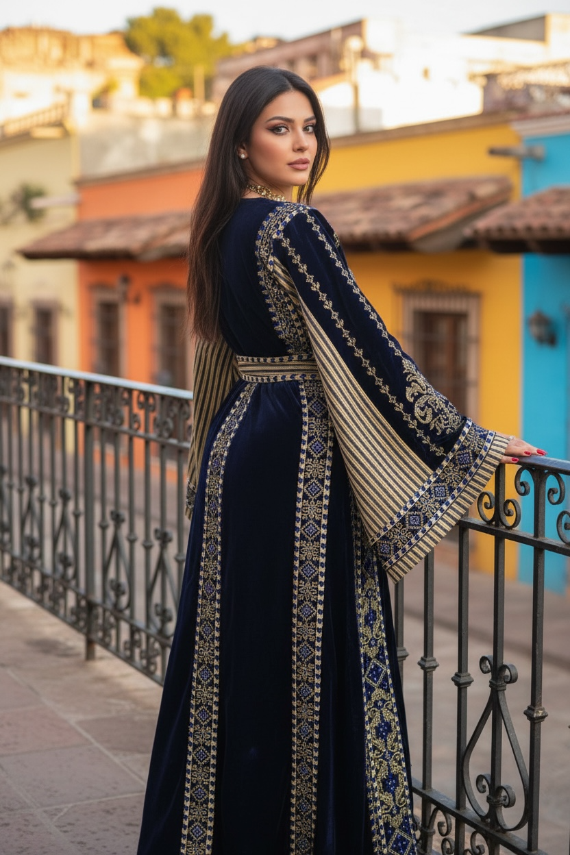 Velvet Simply Elegant Wide Sleeve Thoub Blue Embroidered Palestinian Thobe