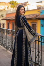 Load image into Gallery viewer, Velvet Simply Elegant Wide Sleeve Thoub Blue Embroidered Palestinian Thobe
