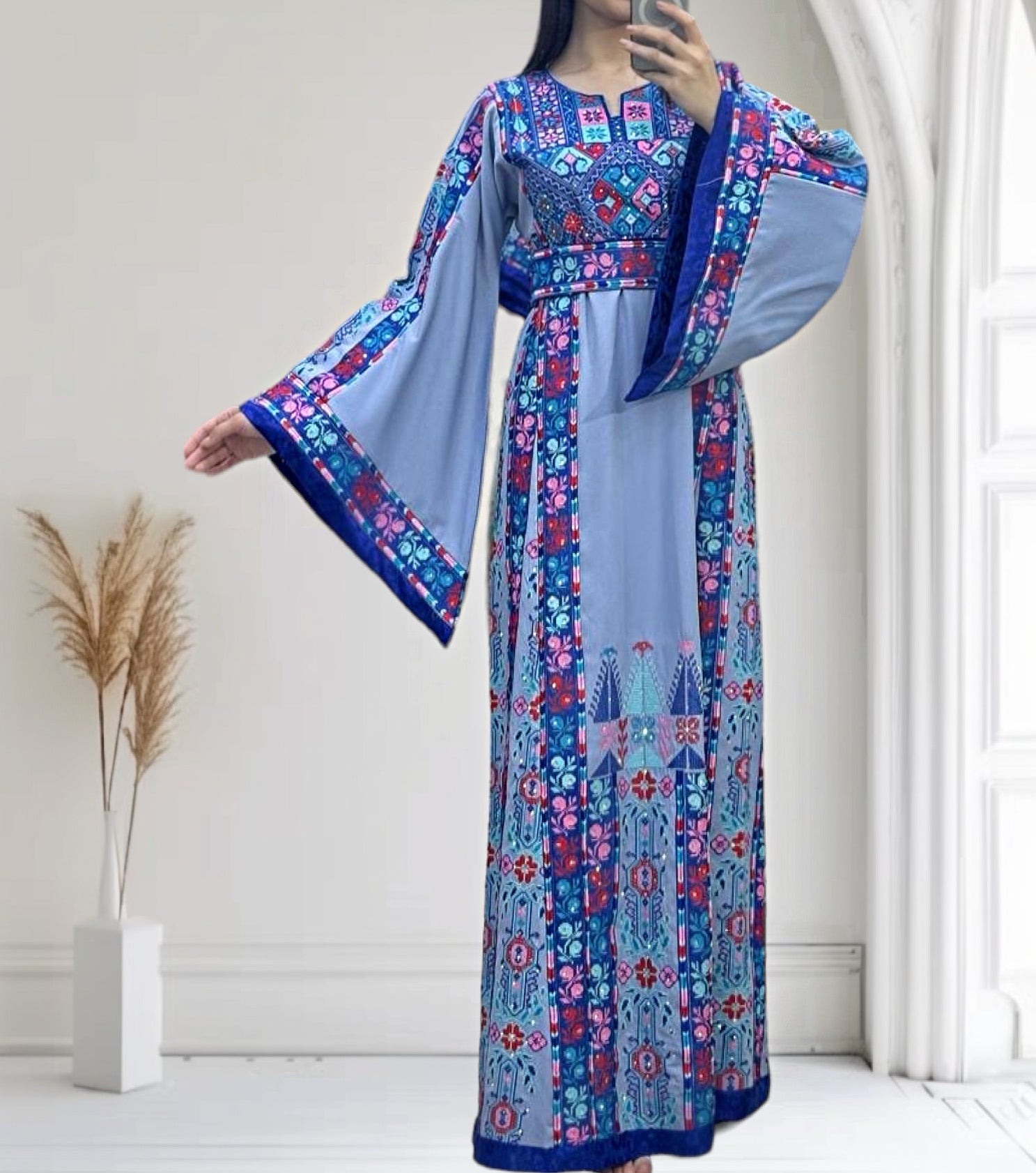 Blue Thobe Embroidered Palestinian With Embroidery Belt