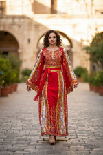 Load image into Gallery viewer, Traditional Palestinian Red Thobe with Intricate Embroidery – Machine Made with Matching Head Scarf
