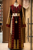 Qasab Maroon Malacca Silk German Velvet Thoub with Embroidery