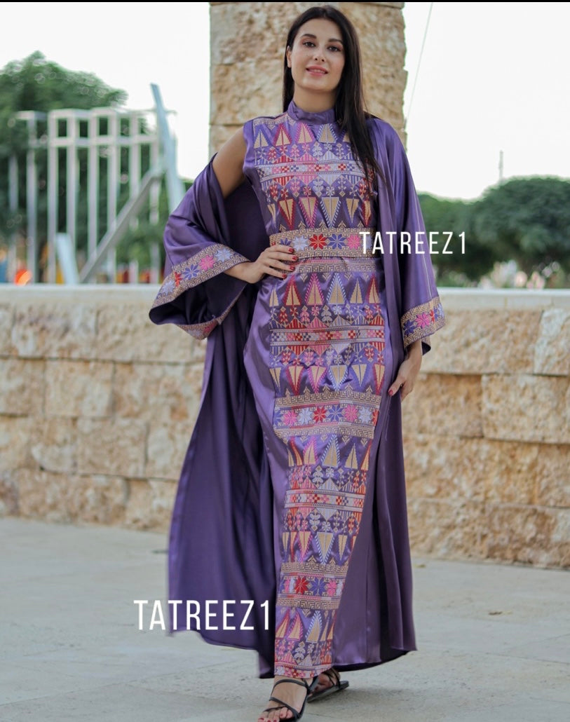 Purple 3 pieces Embroidery Bisht tatreez With Matching Dress