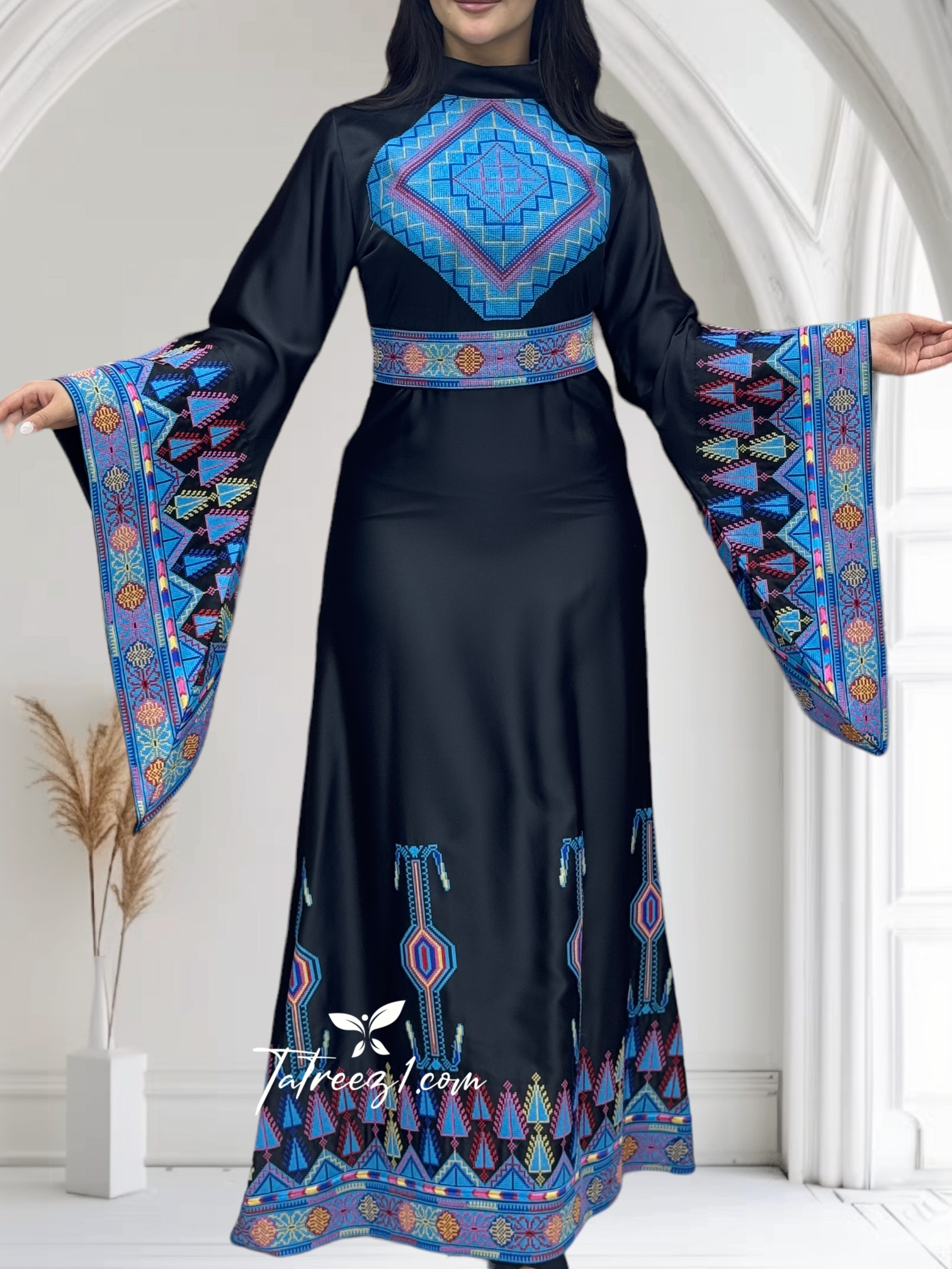 Multicolor Blue Tatreez Elegant Embroidered Dress Wide Sleeve