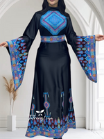 Load image into Gallery viewer, Multicolor Blue Tatreez Elegant Embroidered Dress Wide Sleeve
