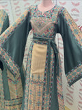 Beige thoub Blue Embroidered Palestinian Fellahi Thobe With Belt