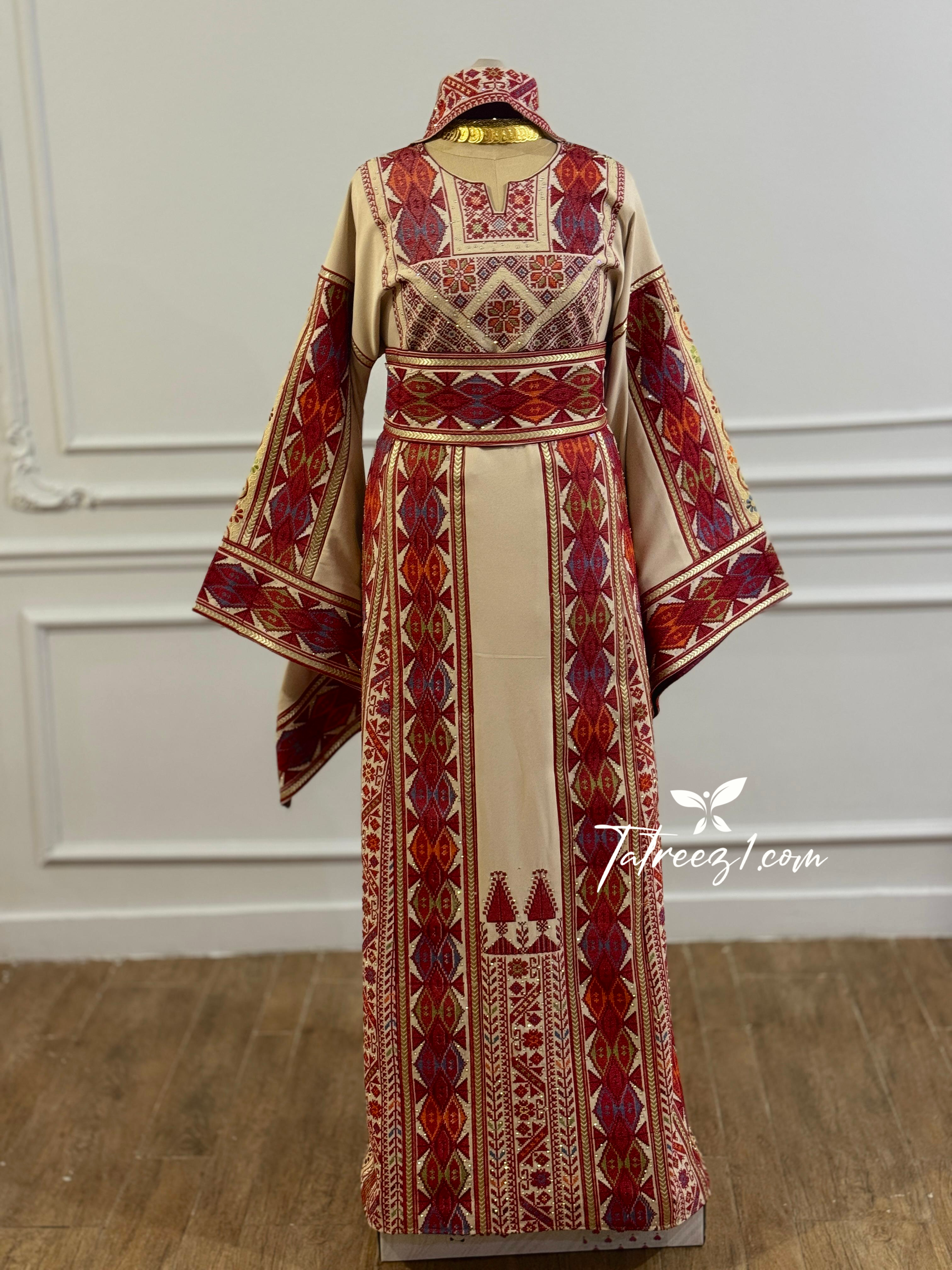 Traditional Palestinian Beige Thobe with Embroidery – Machine Made with Matching Head Scarf