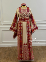 Charger l&#39;image dans la galerie, Traditional Palestinian Beige Thobe with Embroidery – Machine Made with Matching Head Scarf
