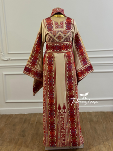 Traditional Palestinian Beige Thobe with Embroidery – Machine Made with Matching Head Scarf