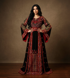 Black & Red Thoub with Stone Embroidery and Overskirt