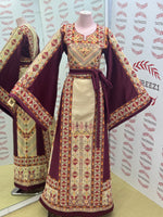 Load image into Gallery viewer, Beige Color thoub Maroon Embroidered Palestinian Fellahi Thobe With Belt
