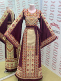 Beige Color thoub Maroon Embroidered Palestinian Fellahi Thobe With Belt