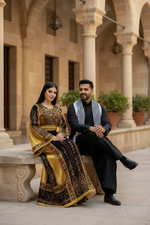 Load image into Gallery viewer, Velvet Black Palestinian Tatreez Thobe Heritage Elegance Embroidered Dress
