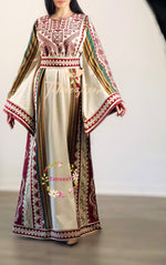 Load image into Gallery viewer, Majdalway Light beige shade Red Embroidered Palestinian Fellahi Thobe
