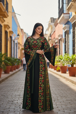 Load image into Gallery viewer, Green Covered in elegant floral Embroidered Palestinian Thobe
