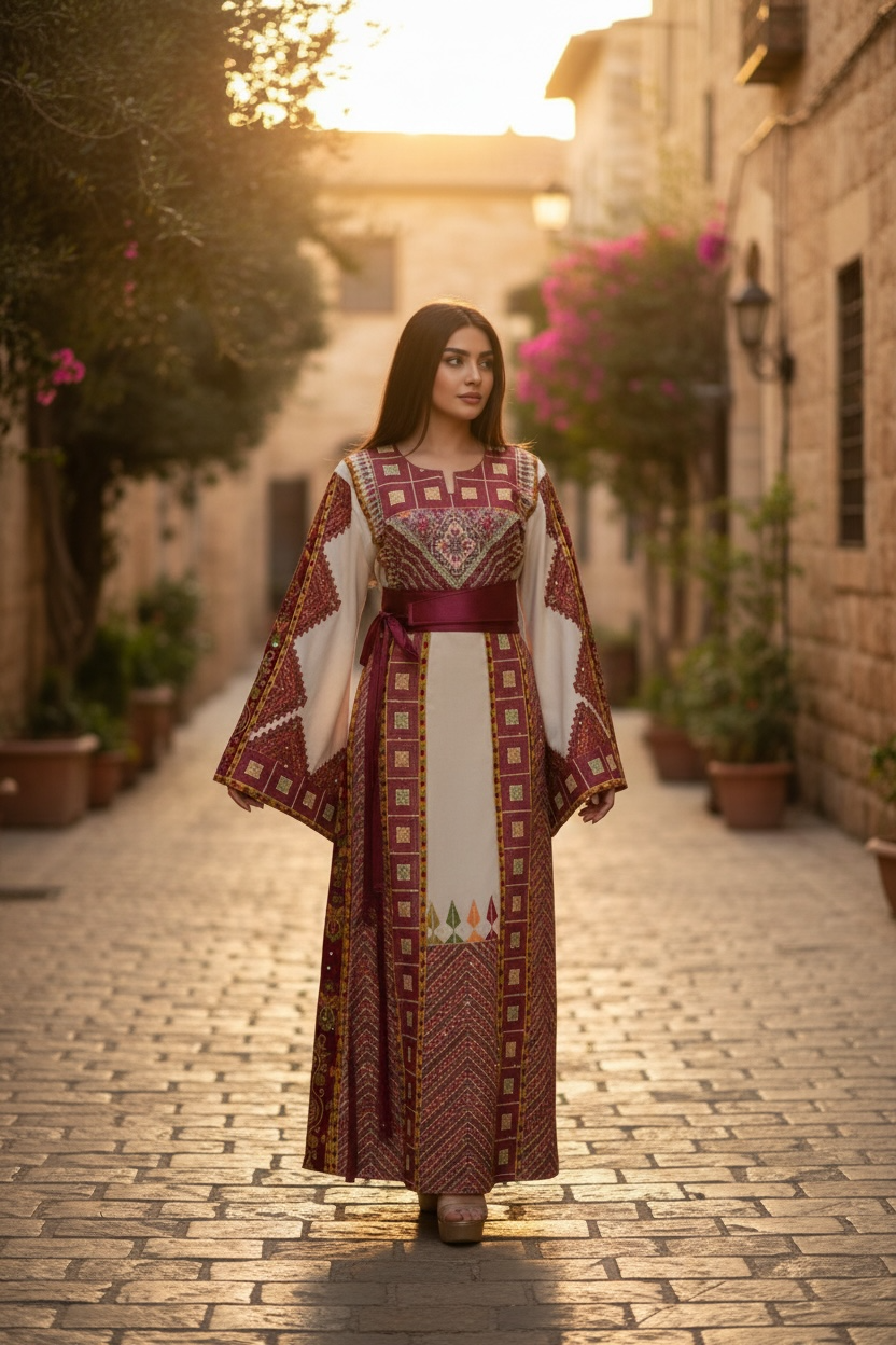 Thobe Al-Biyara Palastine Heritage Burgundy Embroidered