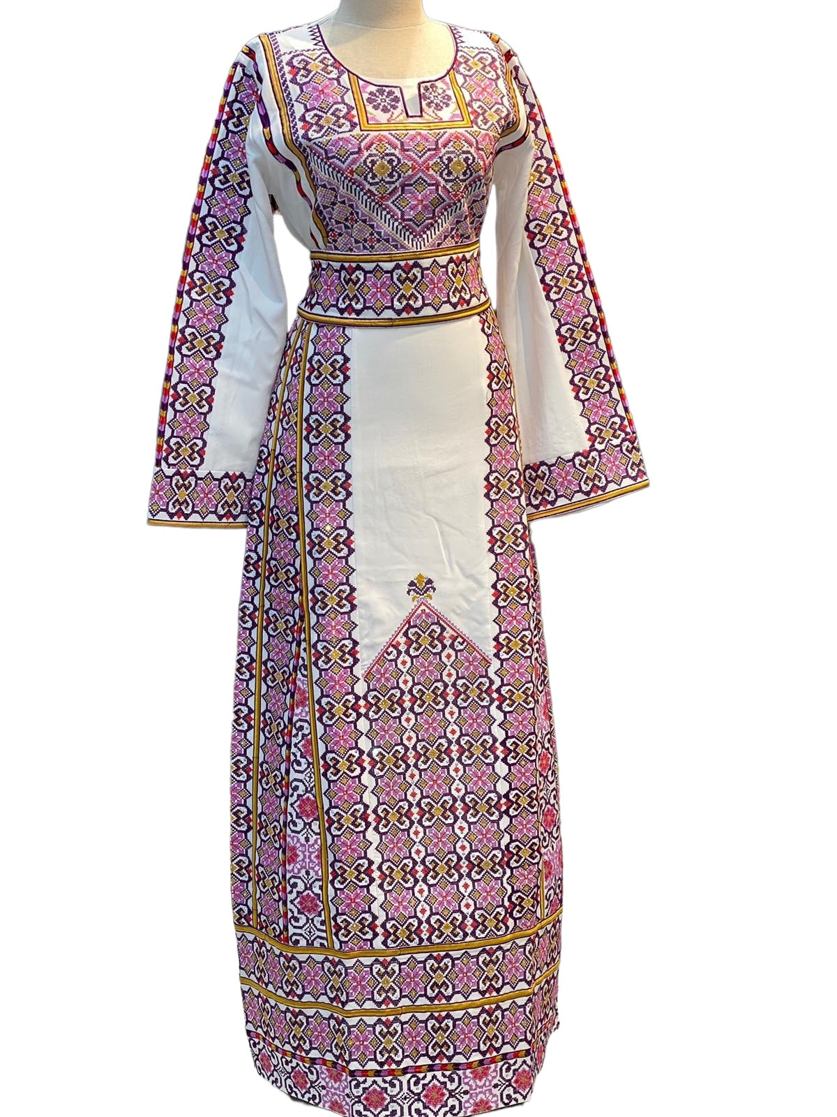 White Thoub Multicolor Embroidered Palestinian Fellahi Thobe