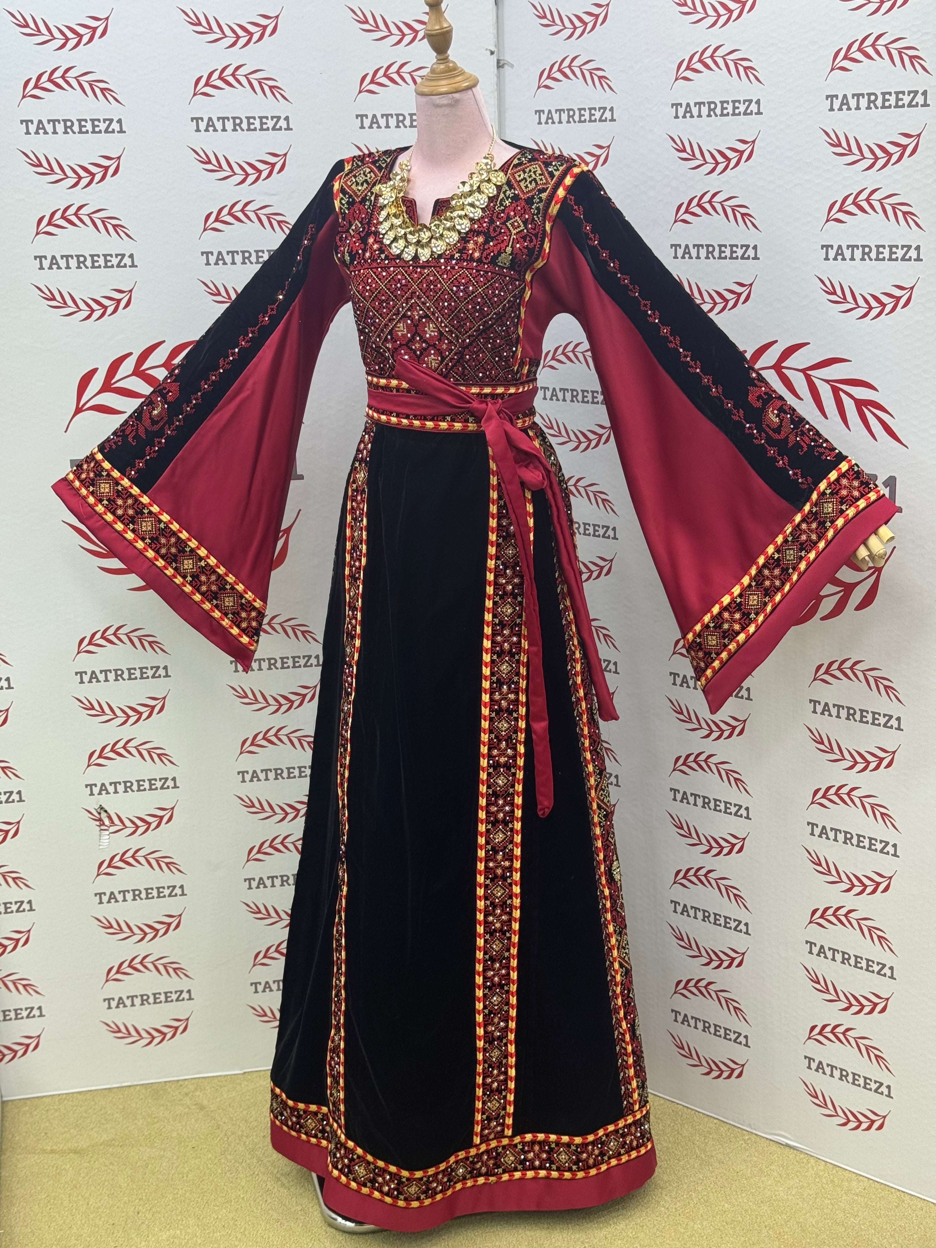 Velvet Simply Elegant Wide Sleeve Thoub Red Embroidered Palestinian Thobe
