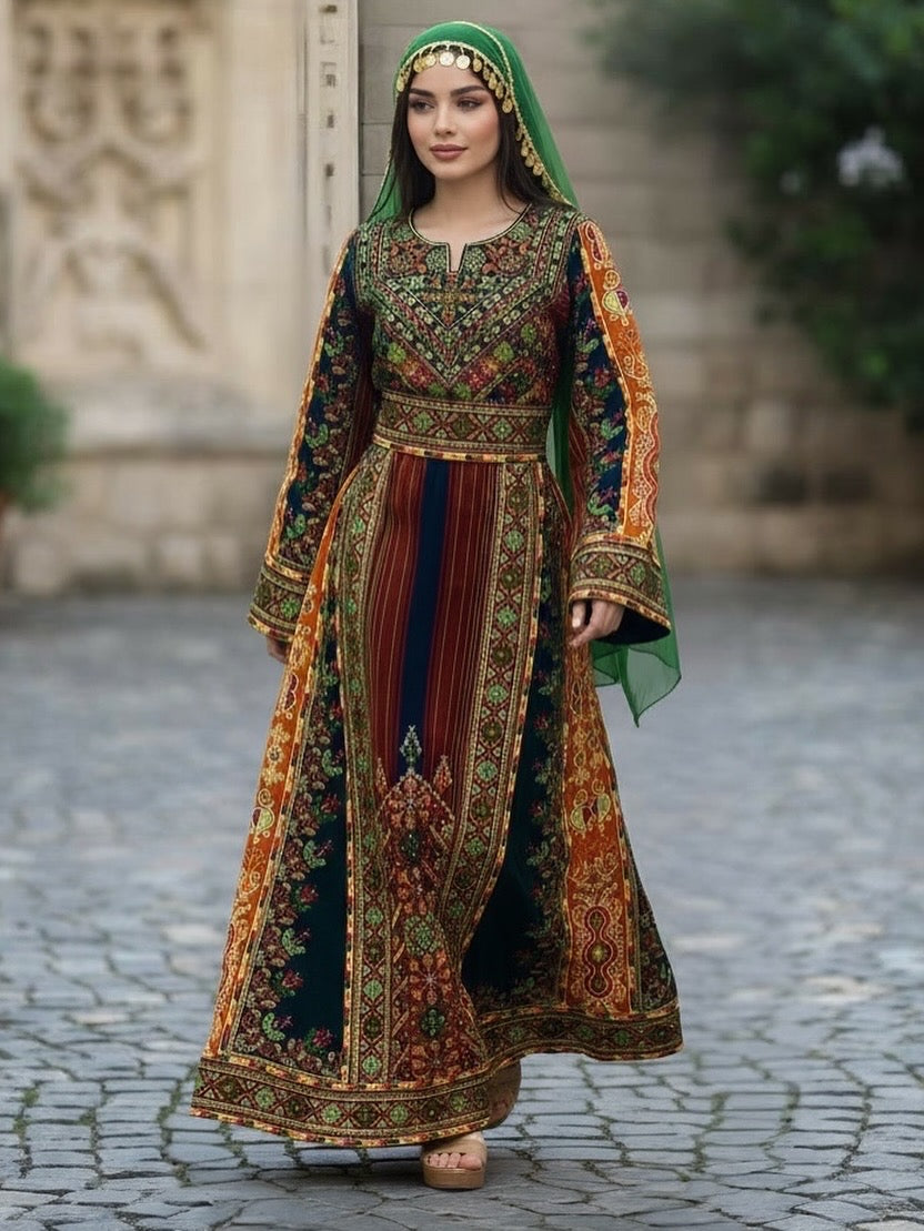 Green Jennah wnar Thoub Embroidery Thoub come with Embroidery Belt