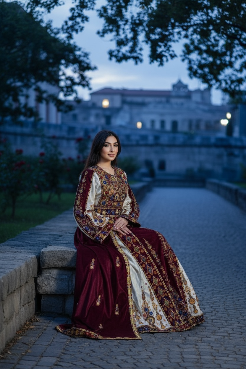 Maroon Malacca Silk Velvet Thoub with Stone Embroidery and Overskirt