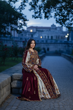 Load image into Gallery viewer, Maroon Malacca Silk Velvet Thoub with Stone Embroidery and Overskirt
