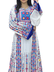 White & Blue Embroidered Palestinian Thobe With Reversible Belt