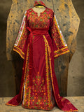 Red Malacca Silk Velvet Thobe with Stone Embroidery, Overskirt, and Headpiece
