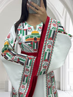 Load image into Gallery viewer, Palestine Flage Embroidery White Traditional Thoub  Stone Thobe with Matching Belt
