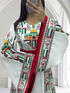 Palestine Flage Embroidery White Traditional Thoub  Stone Thobe with Matching Belt