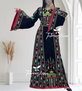 Palestine Flage Embroidery Black Traditional Thoub  Stone Thobe with Matching Belt