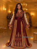 Burgundy Malacca Silk Thoub with Stone Embroidery and Overskirt