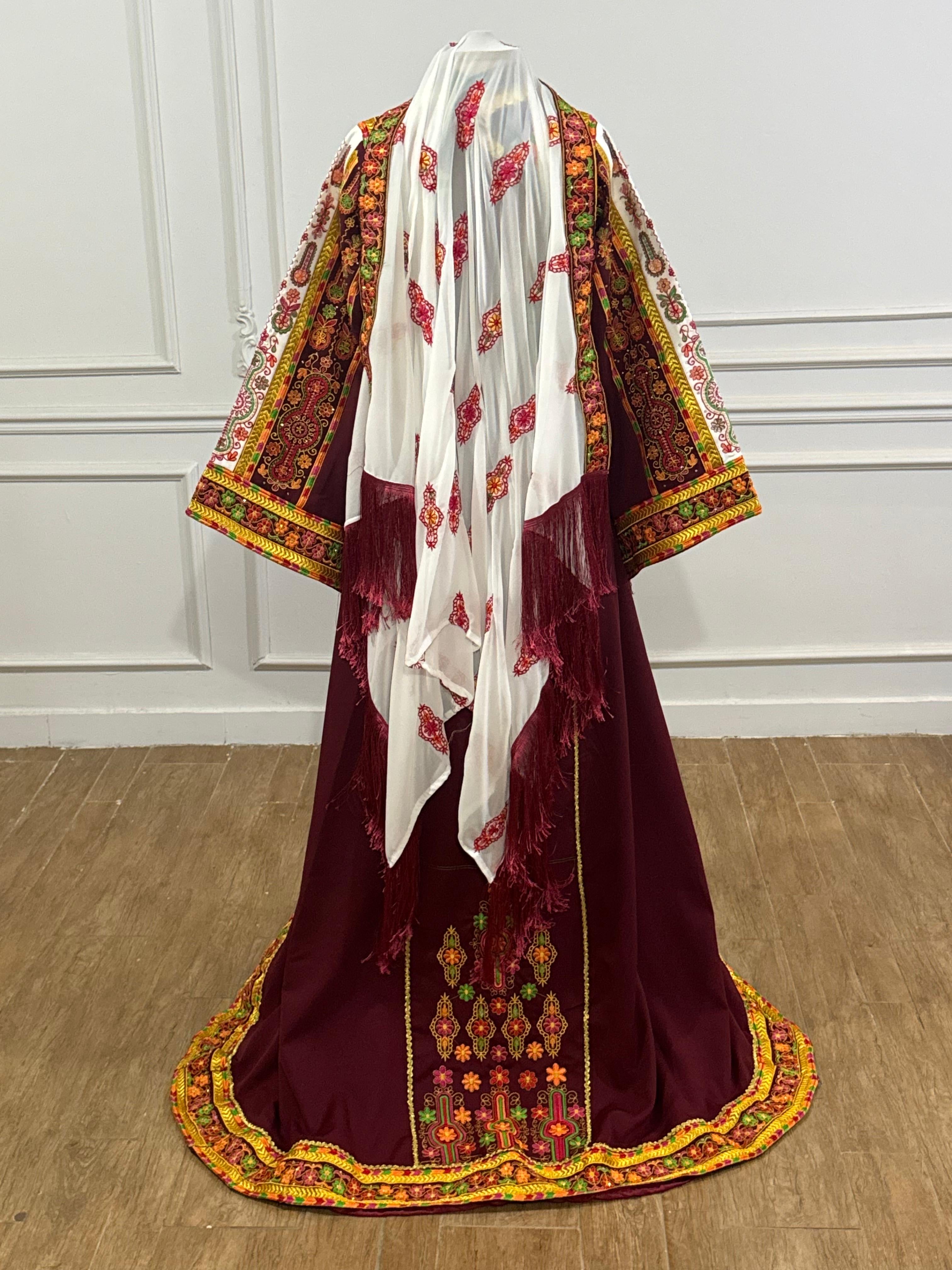 Burgundy Malacca Silk Thoub with Stone Embroidery and Overskirt