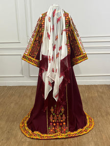 Burgundy Malacca Silk Thoub with Stone Embroidery and Overskirt