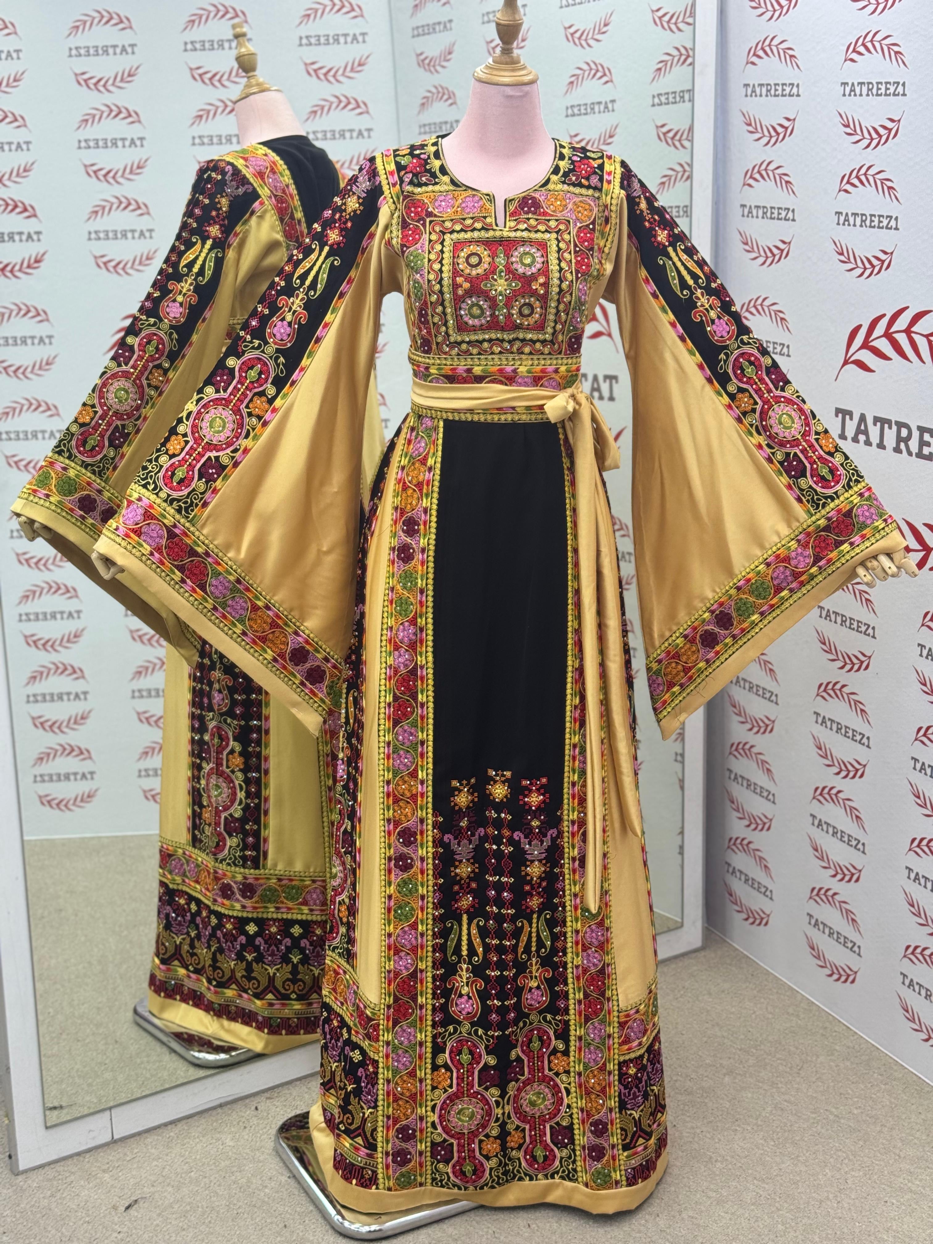 Luxury Embroidery  Golden Traditional Palestinian Thobe Machine Made