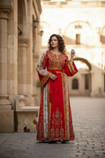 Load image into Gallery viewer, Traditional Palestinian Red Thobe with Intricate Embroidery – Machine Made with Matching Head Scarf
