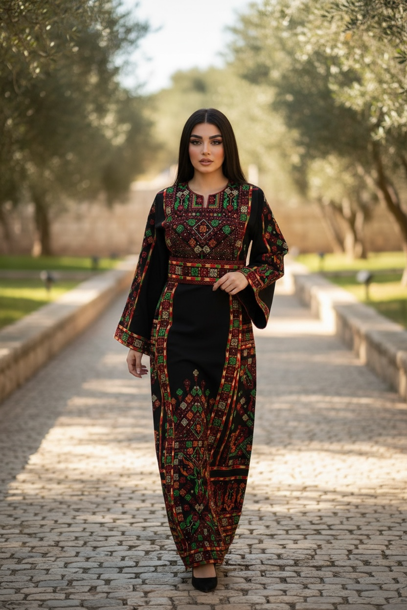 Elegant Black Thobe with Colorful Geometric Embroidery