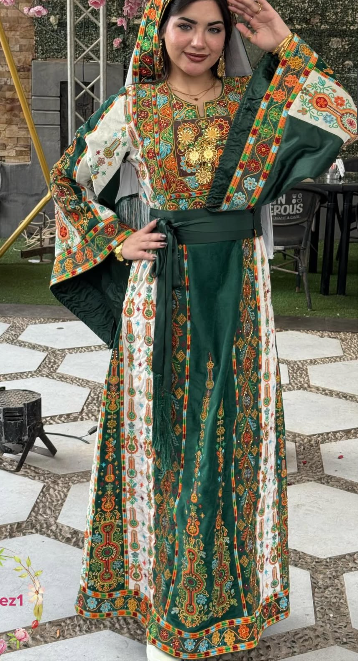 Malacca Velvet Material Green Stone Embroidery Thoub With Matching Headpiece