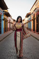 Load image into Gallery viewer, Beige Majdalway Embroidered Palestinian Fellahi Thobe With Matching Headpiece
