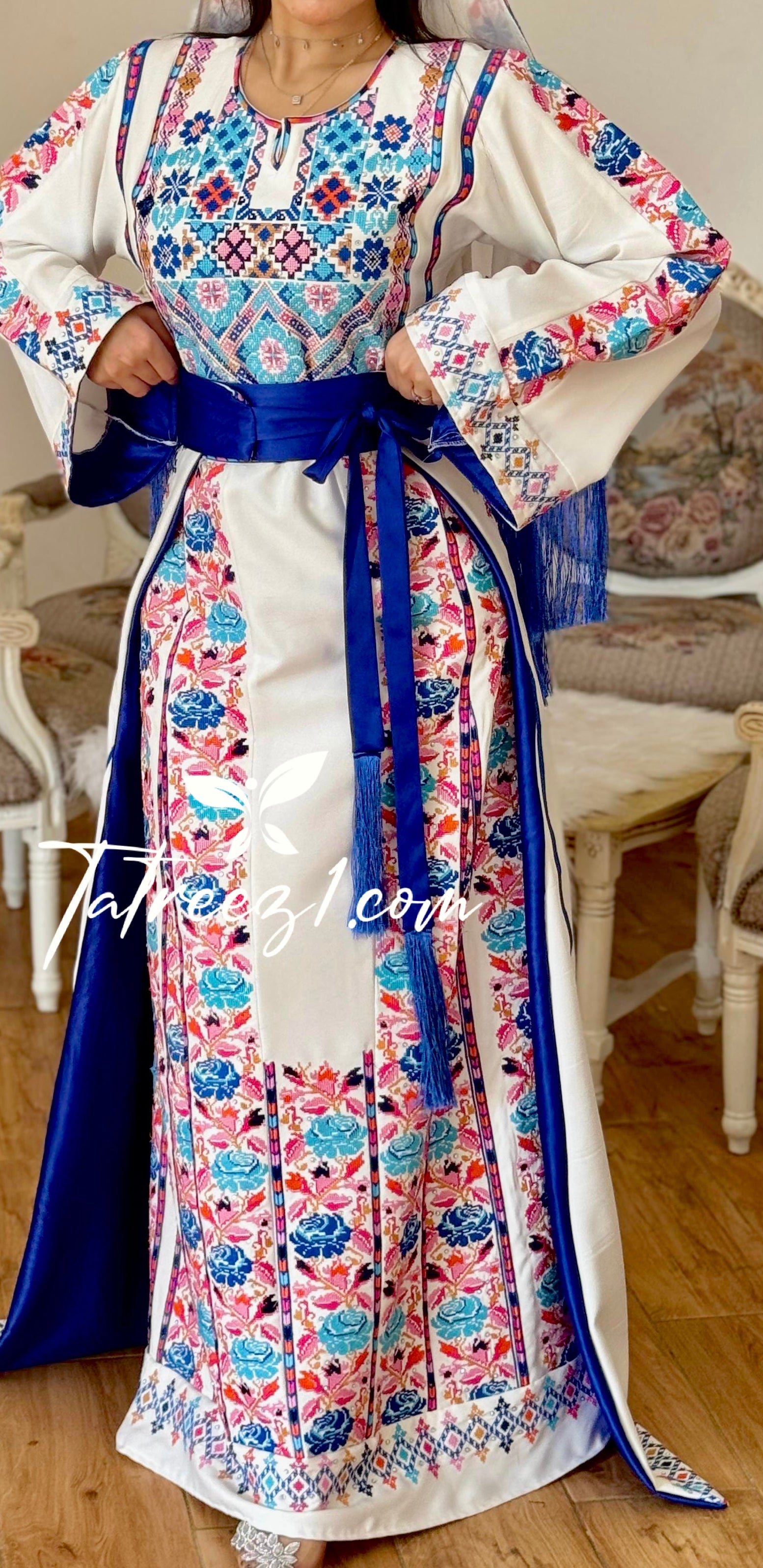 White Stunning Thoub with Floral Blue/Pink Embroidery and Overskirt.