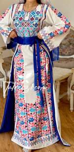 Charger l&#39;image dans la galerie, White Stunning Thoub with Floral Blue/Pink Embroidery and Overskirt.
