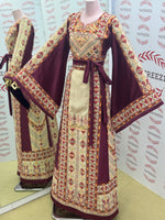 Load image into Gallery viewer, Beige Color thoub Maroon Embroidered Palestinian Fellahi Thobe With Belt
