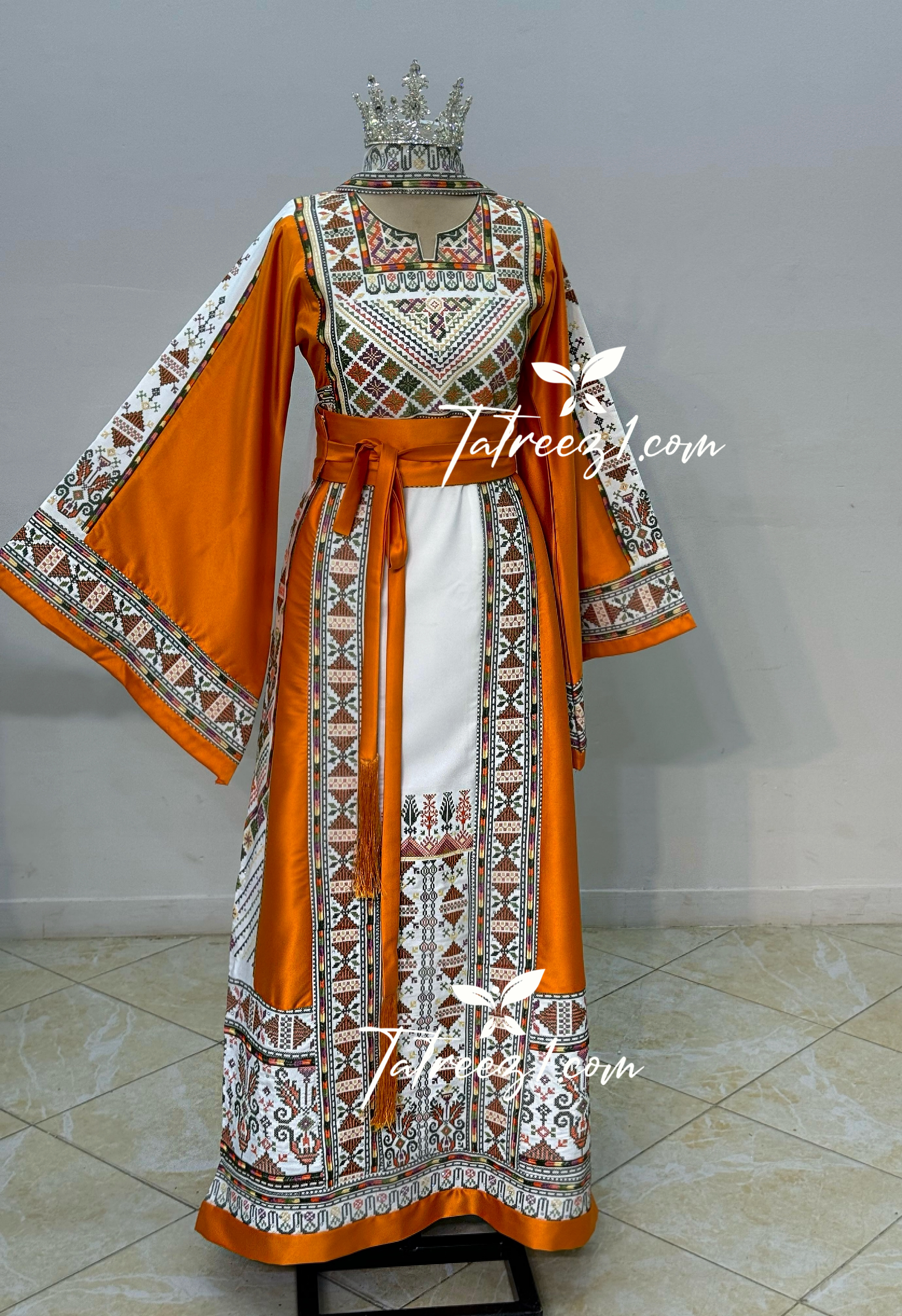 With Reversable Belt Orange Astonishing Palstainen Embroidery Traditional Long Thoub With Matching Headpiece